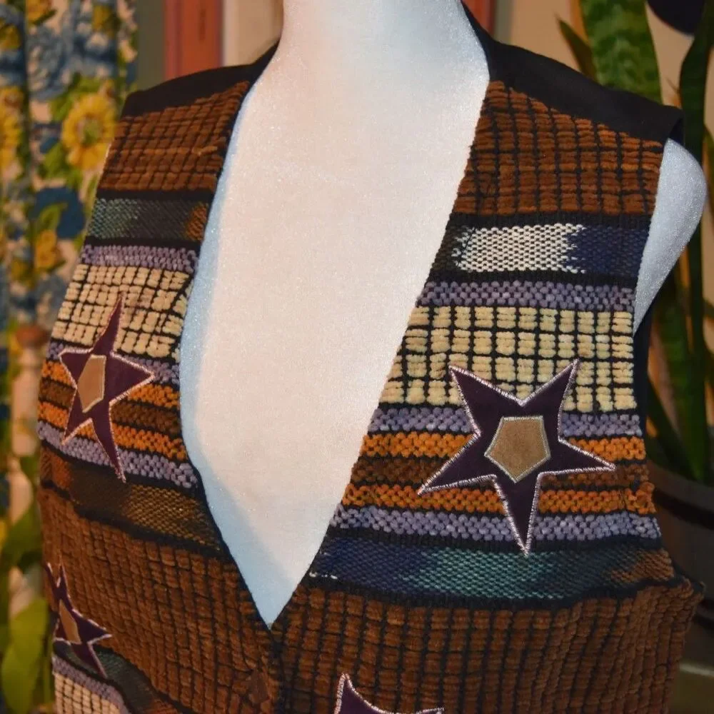 Vintage 80s Jane Ashley Boho Western Tapestry Vest Stars Cinched Back Size Med